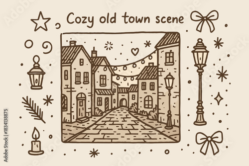 Cozy Old Town. Cozy old town scene. Hand-drawn doodle illustration of Cozy old town scene. Central doodle