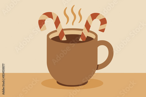 Cozy Cocoa Illustration. Hot cocoa with candy canes minimalist flat illustration of a steaming mug with