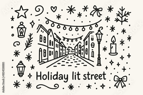 Enchanting Holiday Street. Holiday lit street. Hand-drawn doodle illustration of Holiday lit street. Central