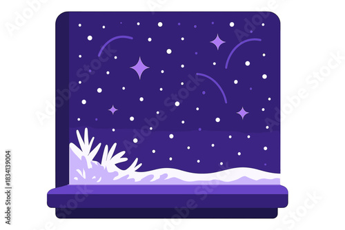 Frosty Window Wonderland. Frost and snow scene. Window sill with frost details, snow gently falling outside,