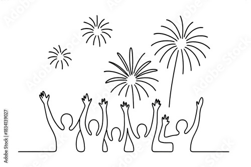 Silhouettes Under Fireworks. Silhouettes celebrating under fireworks. Minimalistic one-line drawing people