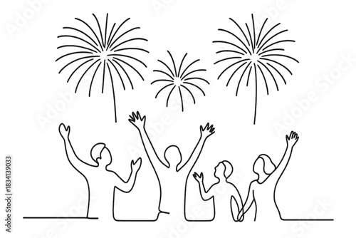 Minimalist Fireworks Celebration. Night sky festivity. Minimalistic one-line drawing joyful people silhouetted
