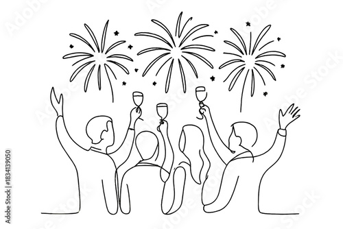 Minimalist New Year Celebration. New Year celebration. Minimalistic one-line drawing people cheering under