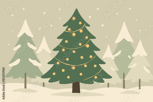 Glowing Tree Celebration. Snowy forest celebration minimalist flat illustration of a tree with glowing lights