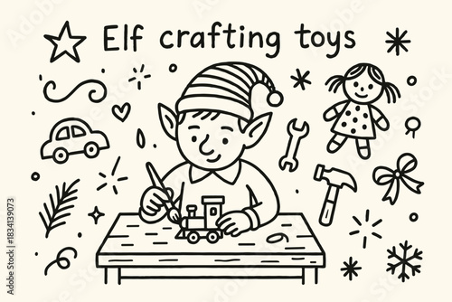 Elf Toy Workshop. Elf crafting toys. Hand-drawn doodle illustration of Elf crafting toys. Central doodle (elf