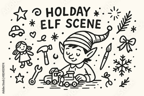 Festive Elf Workshop. Holiday elf scene. Hand-drawn doodle illustration of Holiday elf scene. Central doodle