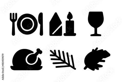 Cozy Holiday Icons. Cozy holiday table. Filled icon set of Cozy holiday table: plate, fork, knife, napkin,
