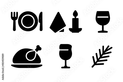 Winter Dinner Icons. Winter family dinner. Filled icon set of Winter family dinner: plate, fork, knife, napkin