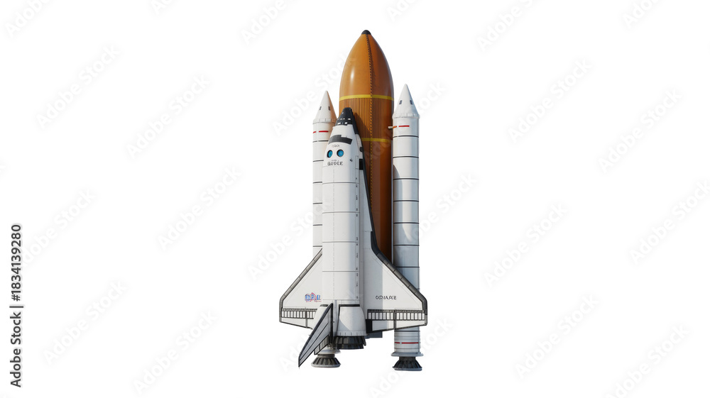 Naklejka premium A detailed 3D rendering of a space shuttle with its orange external tank and white solid rocket boosters, on a solid transparent background. background removed
