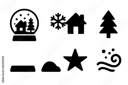 Holiday Globe Icons. Christmas globe scene. Filled icon set of Christmas globe scene: snow globe, snowflake,