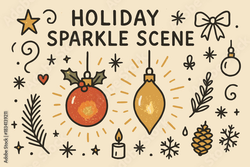 Holiday Sparkle Doodles. Holiday sparkle scene. Hand-drawn doodle illustration of Holiday sparkle scene.