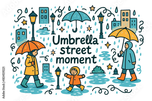 Umbrella Street Scene. Umbrella street moment. Hand-drawn doodle illustration of Umbrella street moment.