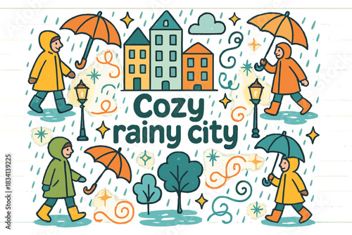 Cozy Rainy Cityscape. Cozy rainy city. Hand-drawn doodle illustration of Cozy rainy city. umbrellas, people