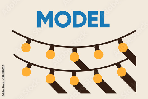 Minimalist Fairy Lights. Model with fairy lights. geometric sans heavy, flat fills, long angled warm shadows,