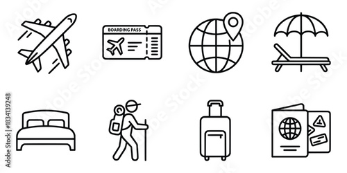 Travel and Vacation Icons Airplane Ticket Globe Beach Bed Hiker Suitcase Passport.