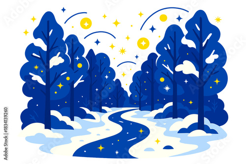 Enchanted Snowy Forest Path. Holiday enchanted path. Snow-covered path through mystical forest, sparkling