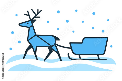 Reindeer Sleigh Snowy Scene. Reindeer Sleigh in Snow. Flat minimalist vector illustration of Reindeer Sleigh