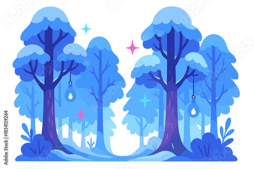 Enchanted Icy Forest. Icy enchanted forest. Towering snow-dusted trees, glowing fairy lanterns, floating spark