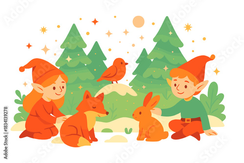 Enchanted Snowy Glade. Snowy fairy glade. Elves and animals gather in frosty clearing, glowing lights and tiny