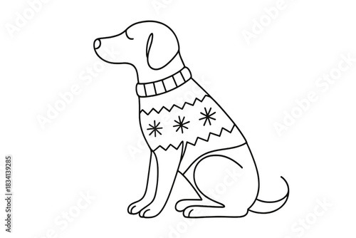 Christmas Dog Elegance. Holiday pet style. Minimalistic one-line drawing dog sitting wearing cozy Christmas
