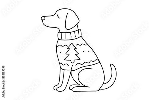 Minimalist Holiday Dog. Winter holiday pup. Minimalistic one-line drawing dog in Christmas sweater with