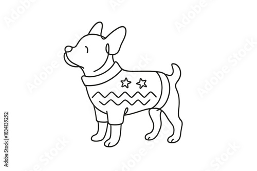 Festive Doggy Outline. Dog wearing Christmas sweater. Minimalistic one-line drawing small dog in festive