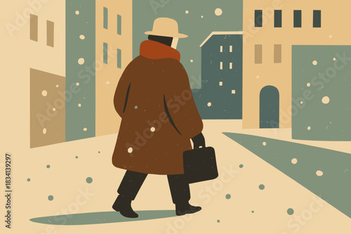 Snowy City Walk. Snowy city walk minimalist flat illustration of a figure in fur coat on a geometric urban