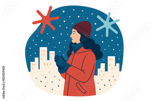 Urban Winter Fashionista. Snowy city fashion. Model wearing winter coat and gloves, abstract spark shapes