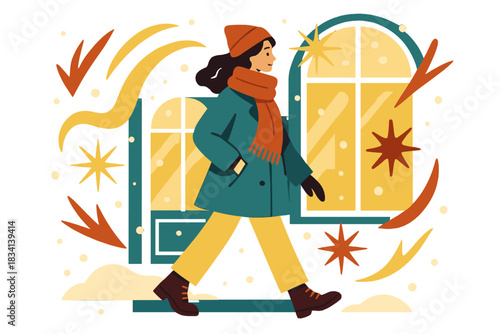 Winter Fashion Glow. City winter fashion moment. Model walking past shop windows in snowy streets, glowing