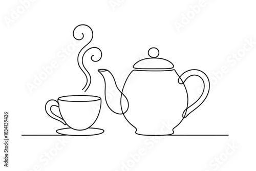 Minimalist Tea Set. Warm tea set. Minimalistic one-line drawing teacup and teapot with soft steam curls,