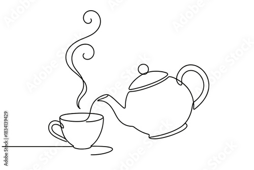 Minimalist Tea Ceremony. Tea ceremony illustration. Minimalistic one-line drawing cup and teapot with swirling