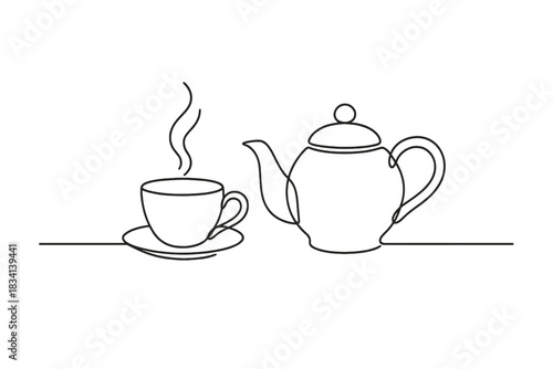 Minimalist Teacup and Teapot. Morning brew scene. Minimalistic one-line drawing steaming teacup and teapot on