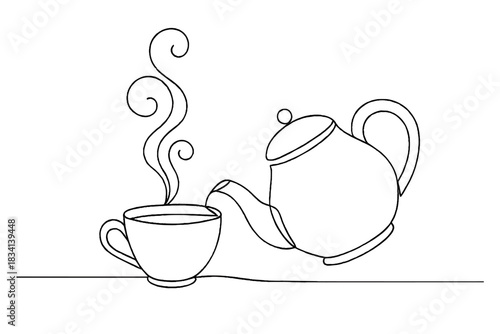 Minimalist Tea Art. Steaming tea scene. Minimalistic one-line drawing cup and teapot with swirling steam above