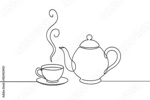 Minimalist Tea Time. Cozy winter tea. Minimalistic one-line drawing teapot and cup with curling steam in