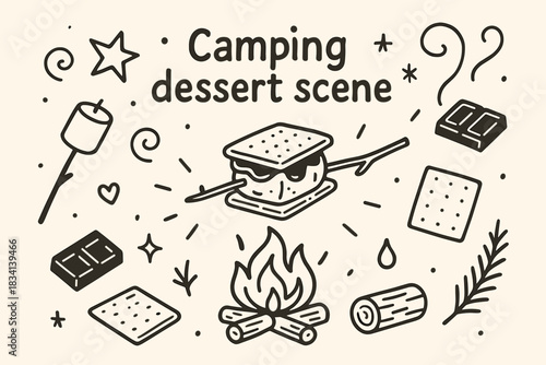 S'mores and Campfire Doodles. Camping dessert scene. Hand-drawn doodle illustration of Camping dessert scene.