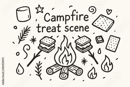 Campfire S'mores Doodle. Campfire treat scene. Hand-drawn doodle illustration of Campfire treat scene. Central