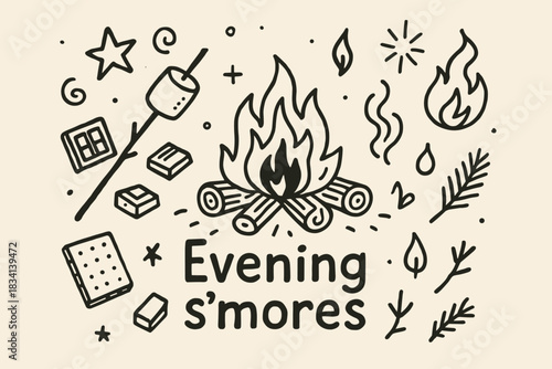 Evening S'mores Doodle. Evening s’mores. Hand-drawn doodle illustration of Evening s’mores. Central doodle