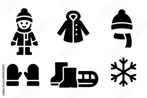 Children Winter Icons. Children winter outdoor. Filled icon set of Children winter outdoor: child, coat, hat,