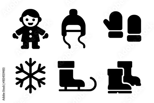 Winter Playtime Icons. Winter playtime kids. Filled icon set of Winter playtime kids: child, coat, hat, scarf,
