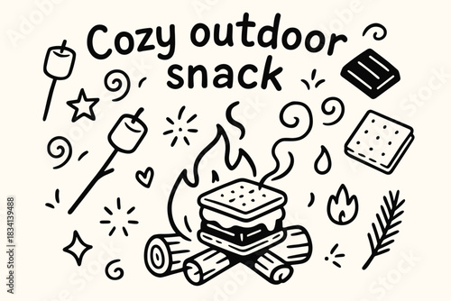 Cozy Campfire Snacking. Cozy outdoor snack. Hand-drawn doodle illustration of Cozy outdoor snack. Central