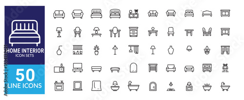 Home interior line icons set furniture collection with bed sofa lamp table chair desk bookshelf curtain window mirror