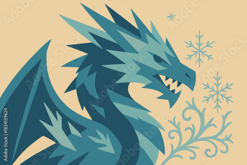 Icy Dragon Illustration. Glacial beast concept minimalist flat illustration of a dragon with sharp icy