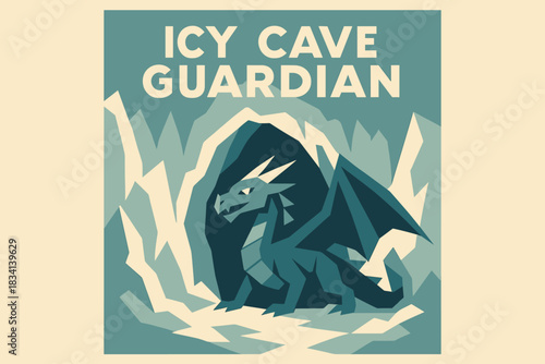 Icy Dragon Guardian. Icy cave guardian minimalist flat illustration of geometric dragon emerging from frosty