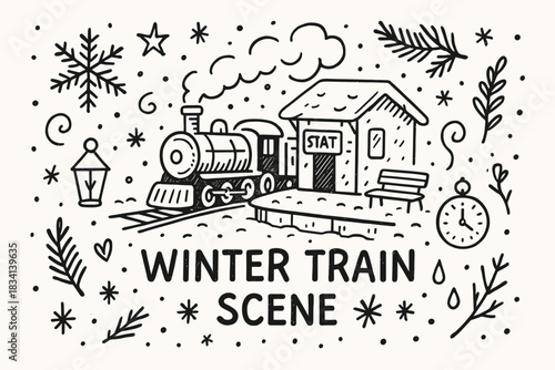 Snowy Train Station. Winter train scene. Hand-drawn doodle illustration of Winter train scene. Central doodle