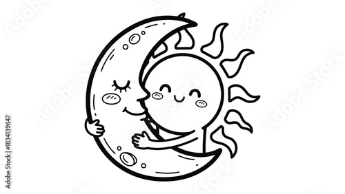 Harmony of Celestial Bodies: This monochrome illustration portrays the tender embrace of the sun and moon, their cheerful expressions conveying the warmth of friendship.