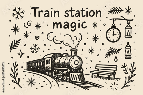Winter Train Station Magic. Train station magic. Hand-drawn doodle illustration of Train station magic.