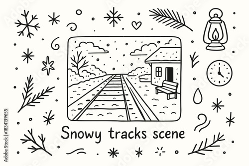Snowy Train Tracks. Snowy tracks scene. Hand-drawn doodle illustration of Snowy tracks scene. Central doodle