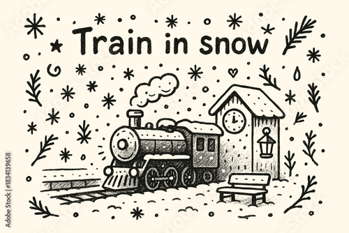 Winter Train Scene. Train in snow. Hand-drawn doodle illustration of Train in snow. Central doodle (train at