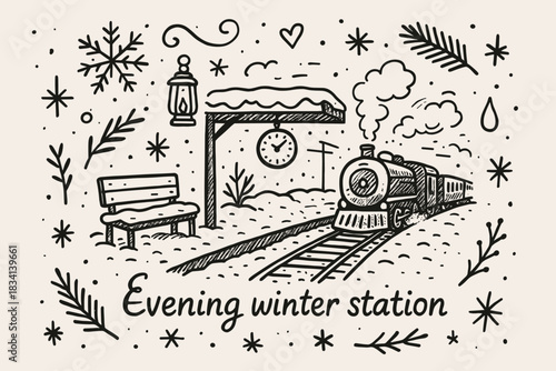 Evening Winter Station. Evening winter station. Hand-drawn doodle illustration of Evening winter station.