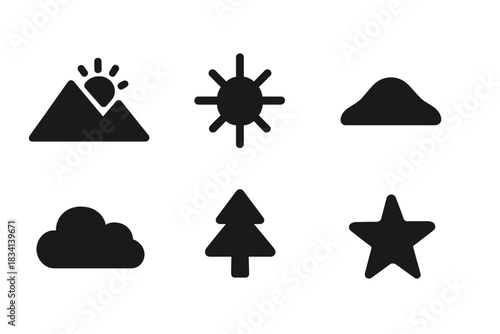 Winter Sunrise Icons. Winter sunrise peaks. Filled icon set of Winter sunrise peaks: mountain, sun, snowflake,